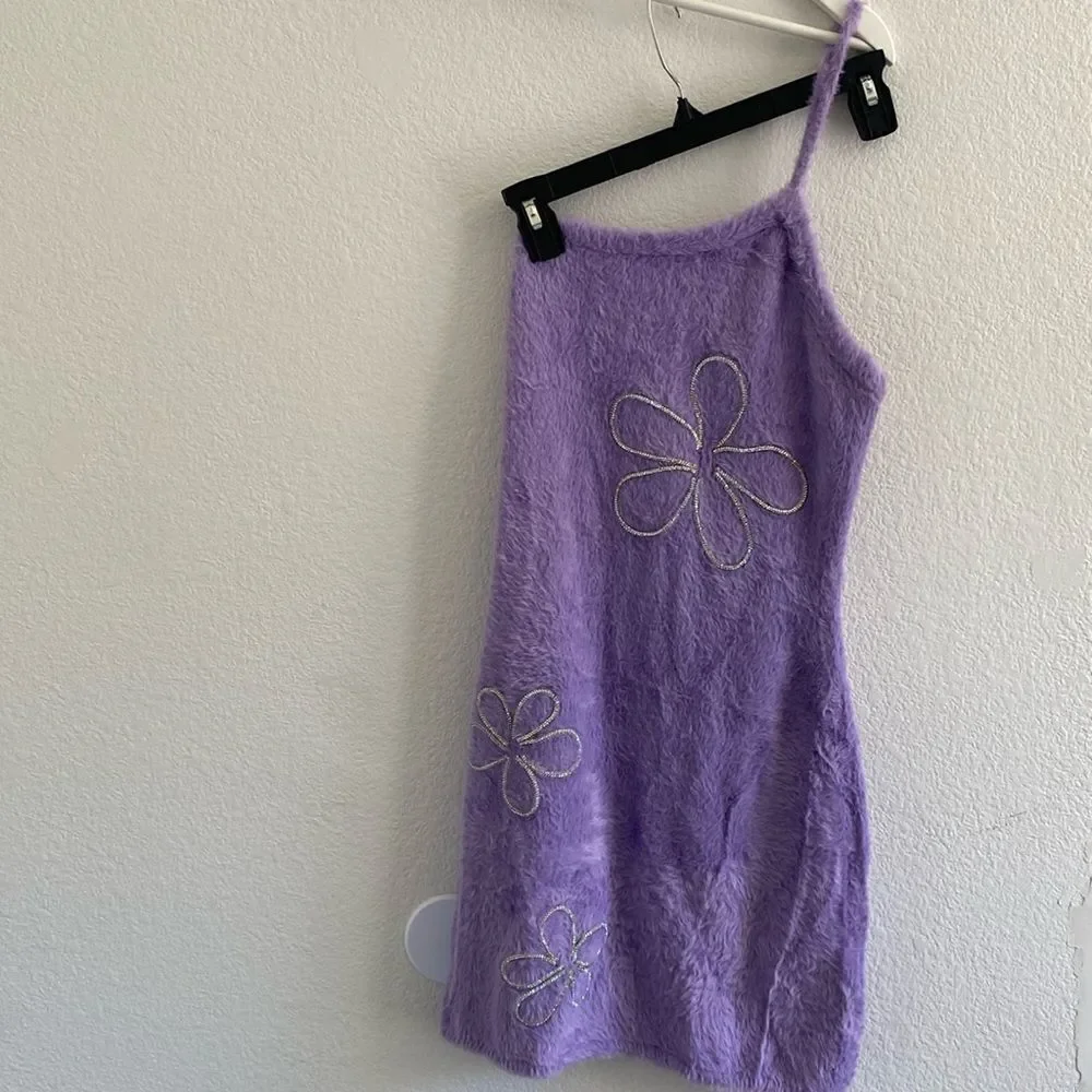For Love and Lemons Finley Purple Fluffy Floral One Sleeve Mini Dress Size M NWT - Picture 2 of 6